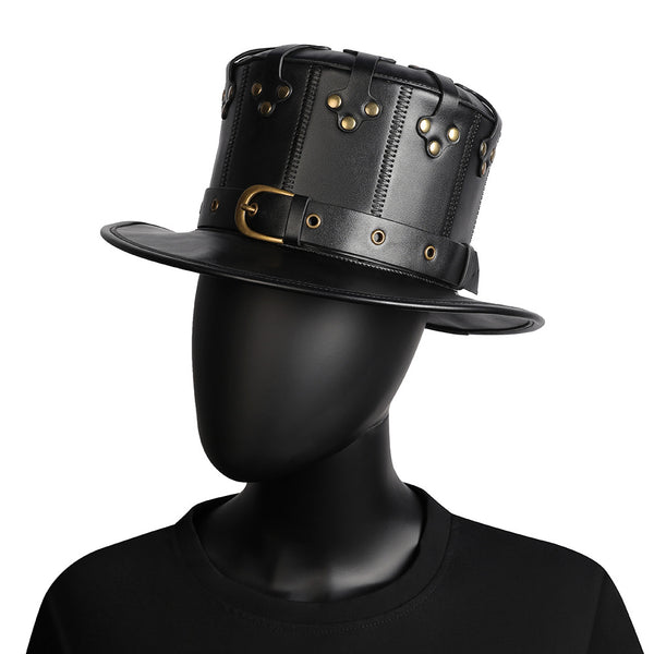 DEEPKEE original nubuck handmade full-grain genuine leather cowhide bag Black Dapper Steampunk Hat #HG144