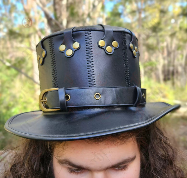 DEEPKEE original nubuck handmade full-grain genuine leather cowhide bag Black Dapper Steampunk Hat #HG144