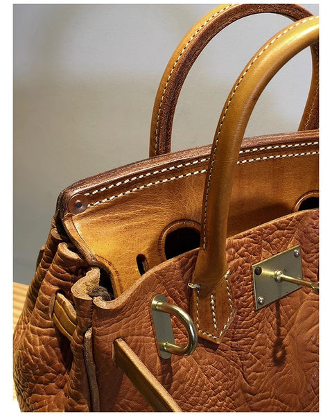 DEEPKEE original nubuck handmade full-grain genuine leather cowhide bag Shrunk Grain Cowhide Replic Faux Birkin 25 Bag #EOL-4494