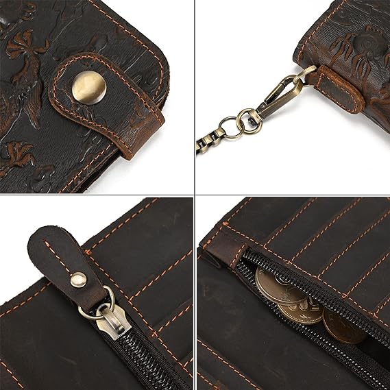 DEEPKEE original nubuck handmade full-grain genuine leather cowhide bag Deepkee Genuine Leather Bifold Wallet Organizer Checkbook Iron Chain #LD052