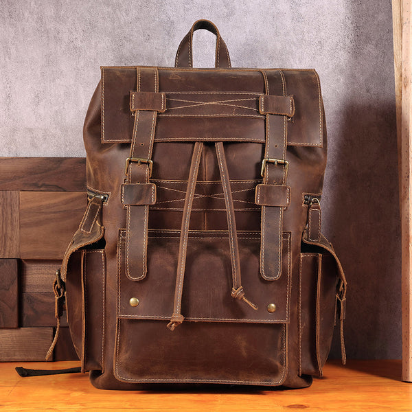 DEEPKEE original nubuck handmade full-grain genuine leather cowhide bag The Drawstring Backpack #6584