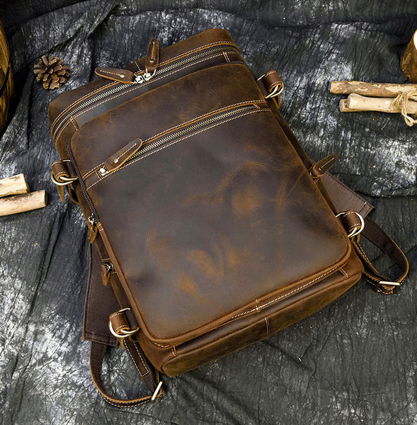 DEEPKEE original nubuck handmade full-grain genuine leather cowhide bag Jacob Offset Cylinder Travel Backpack No8027