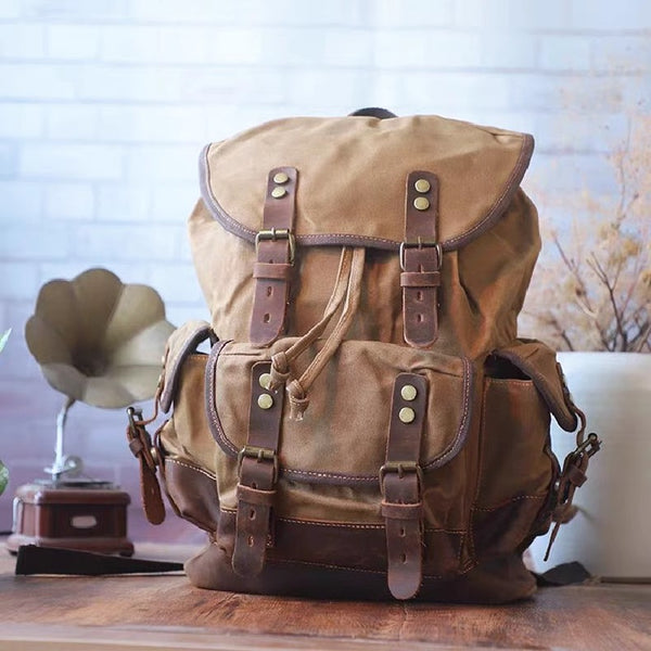 DEEPKEE original nubuck handmade full-grain genuine leather cowhide bag Canvas Spliced Leather Mountaineering Backapck #9508