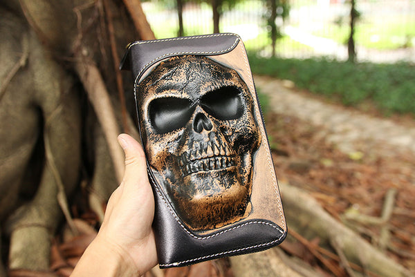 DEEPKEE original nubuck handmade full-grain genuine leather cowhide bag Handmade Leather Skull Death Tooled Long Wallet #5248