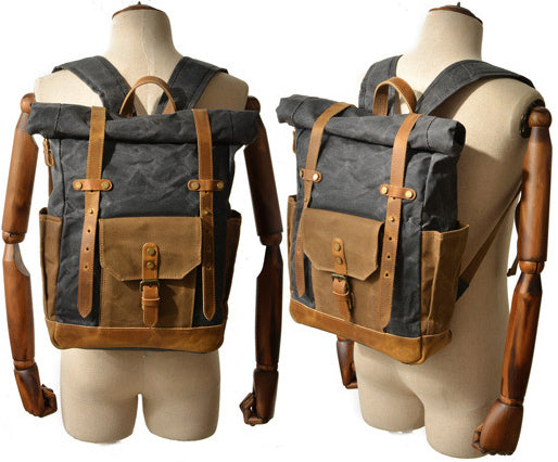 DEEPKEE original nubuck handmade full-grain genuine leather cowhide bag Classic Oil-Wax Canvas Drawstring Backpack #6105Z