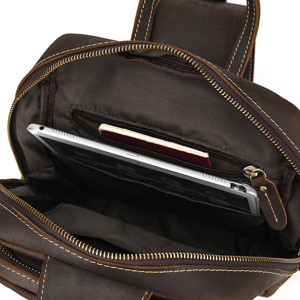 DEEPKEE original nubuck handmade full-grain genuine leather cowhide bag Leather Mens Cool Sling Bag Crossbody Bag Chest Bag for men #9456