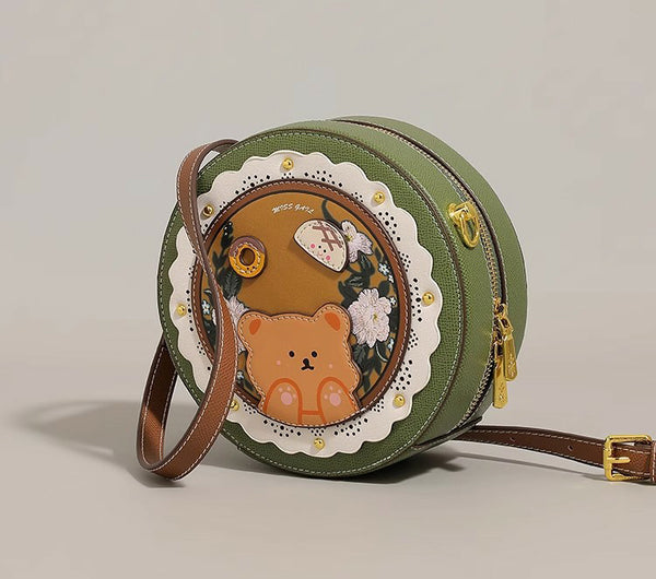 DEEPKEE original nubuck handmade full-grain genuine leather cowhide bag DEEPKEE HANDMADE LEATHER Miss Gail Luxury OOTD Round Crossbody Bag #G1144