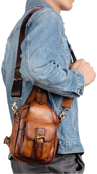 DEEPKEE original nubuck handmade full-grain genuine leather cowhide bag Leather Sling Bag Crossbody Sling Pack Black Small Shoulder Bag Side Bag For Men #WX8683