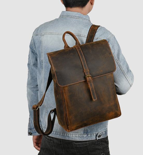 DEEPKEE original nubuck handmade full-grain genuine leather cowhide bag Travel Rucksack School Backpack No1811