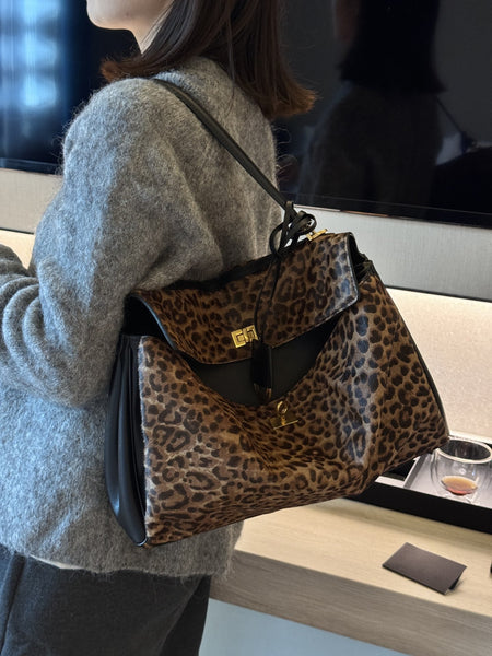 DEEPKEE original nubuck handmade full-grain genuine leather cowhide bag 豹紋 馬毛配牛皮 怠惰托特包 MN082702號