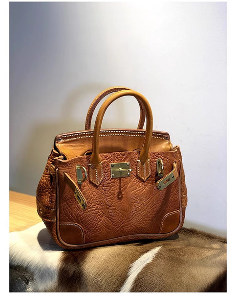 DEEPKEE original nubuck handmade full-grain genuine leather cowhide bag Shrunk Grain Cowhide Replic Faux Birkin 25 Bag #EOL-4494