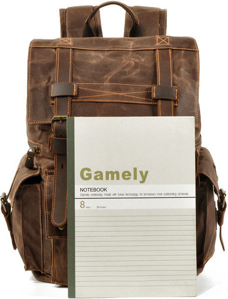 DEEPKEE original nubuck handmade full-grain genuine leather cowhide bag Waxed Canvas Travel Hiking Backpack # 9504