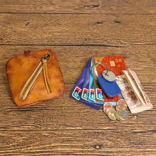 DEEPKEE original nubuck handmade full-grain genuine leather cowhide bag Cowhide vegetable tanned leather simple compact zipper coin purse organizer #SG123