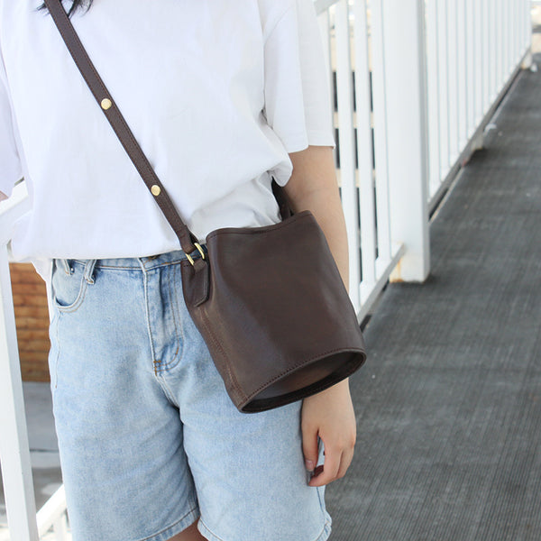 DEEPKEE original nubuck handmade full-grain genuine leather cowhide bag Vegetable Tanned Cowhide Leather Tote Bucket Bag #KM-019