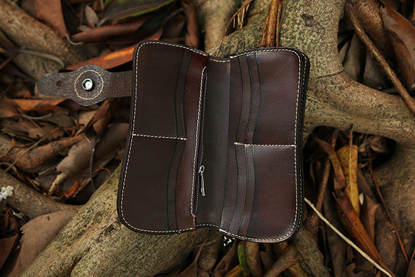 DEEPKEE original nubuck handmade full-grain genuine leather cowhide bag Handmade Black Leather Men's Long Biker Wallet Chain Wallet Long Biker Chain Wallet