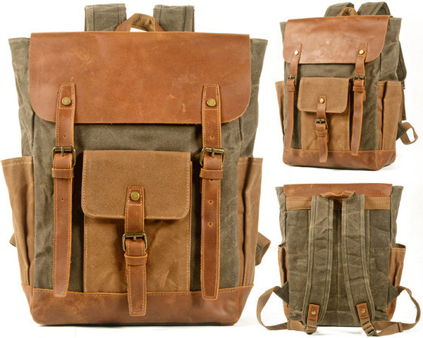 DEEPKEE original nubuck handmade full-grain genuine leather cowhide bag Deepkee Waxed Canvas Oiled Leather Backpack #5016