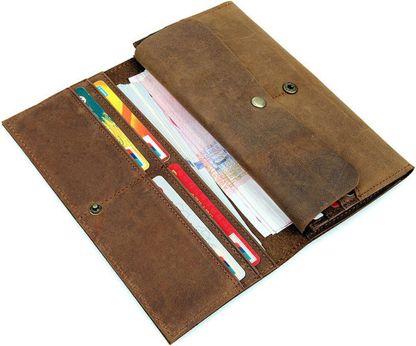 DEEPKEE original nubuck handmade full-grain genuine leather cowhide bag Deepkee Handmade Leather Bifold Long Wallet Checkbook Wallet #W8110