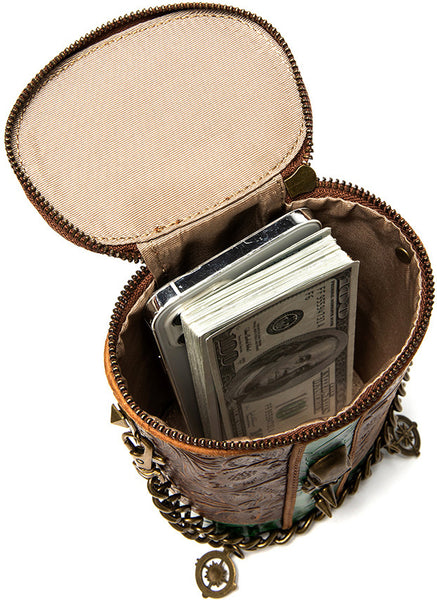 DEEPKEE original nubuck handmade full-grain genuine leather cowhide bag Deepkee Exquisite Goggles Skull Cowhide Bucket Bag #G199B