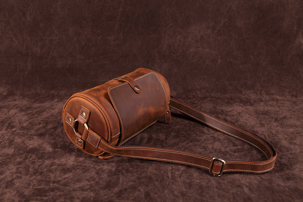 DEEPKEE original nubuck handmade full-grain genuine leather cowhide bag Vintage Leather Cylindricity Crossbody Bags No.SF061