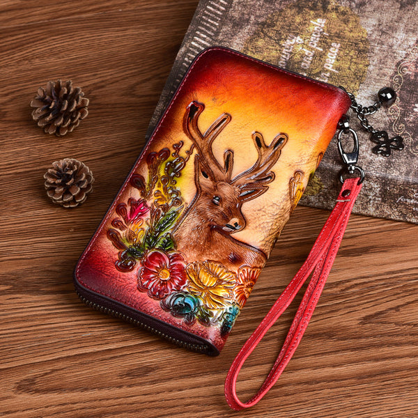 DEEPKEE original nubuck handmade full-grain genuine leather cowhide bag Deepkee Handmade embossed deer cowhide wallet clutch #88007