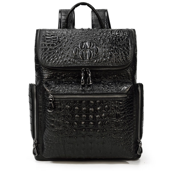 DEEPKEE original nubuck handmade full-grain genuine leather cowhide bag Black Crocodile Pattern Leather Men's 14 inches Travel College Backpack For Men #6070