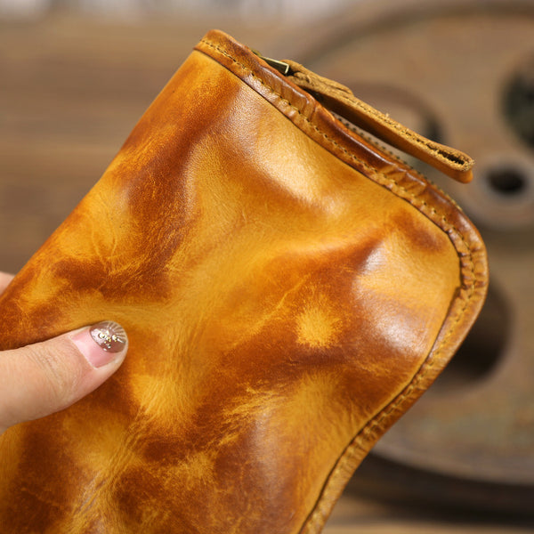 DEEPKEE original nubuck handmade full-grain genuine leather cowhide bag Handmade Leather Mens Long Chain Wallet Bifold Biker Wallet Zipper Clutch Wallet for Men #SG012