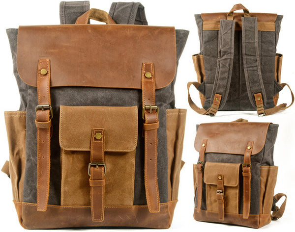 DEEPKEE original nubuck handmade full-grain genuine leather cowhide bag Deepkee Waxed Canvas Oiled Leather Backpack #5016
