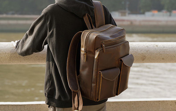 DEEPKEE original nubuck handmade full-grain genuine leather cowhide bag DEEPKEE Handcrafted Leather Commuter Cowhide Backpack #P3594BSD