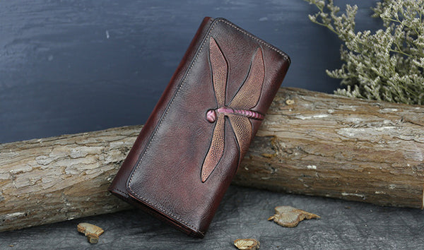 DEEPKEE original nubuck handmade full-grain genuine leather cowhide bag Deepkee Leather Carving Dragonflies Wallet #9630
