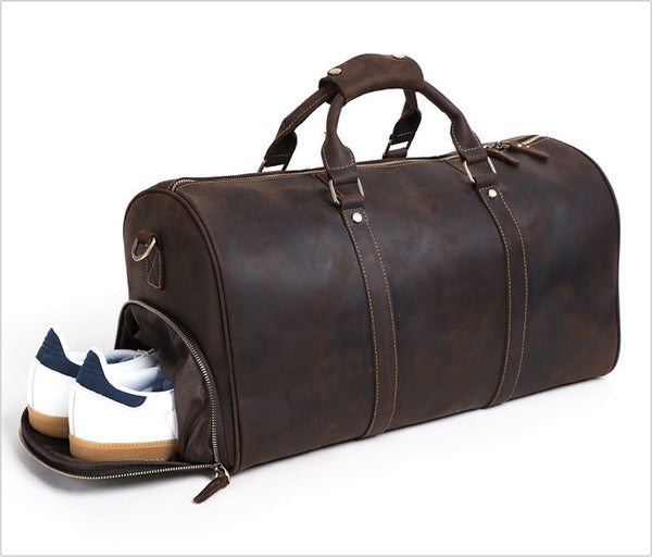 DEEPKEE original nubuck handmade full-grain genuine leather cowhide bag The Duffel Luggage Bag #6482 Our Men's Leather Duffle Bag with Shoe Compartment.