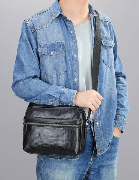 DEEPKEE original nubuck handmade full-grain genuine leather cowhide bag Black Cool Leather 10 inches Large Zipper Messenger Bag Handbag Shoulder Bag For Men