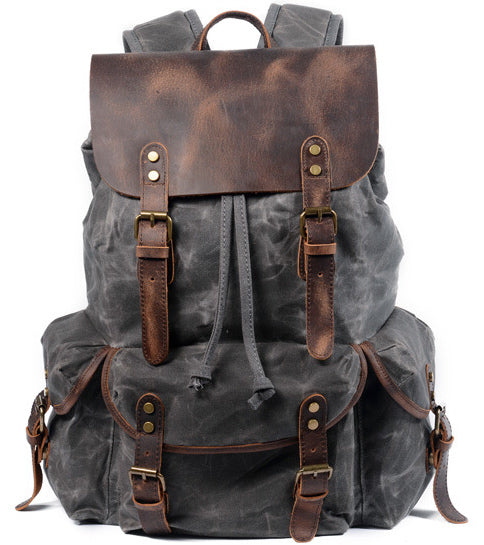 DEEPKEE original nubuck handmade full-grain genuine leather cowhide bag Classic Oil-Wax Canvas Drawstring Backpack #6105Z