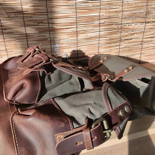 DEEPKEE original nubuck handmade full-grain genuine leather cowhide bag Canvas Spliced Leather Mountaineering Backapck #9508