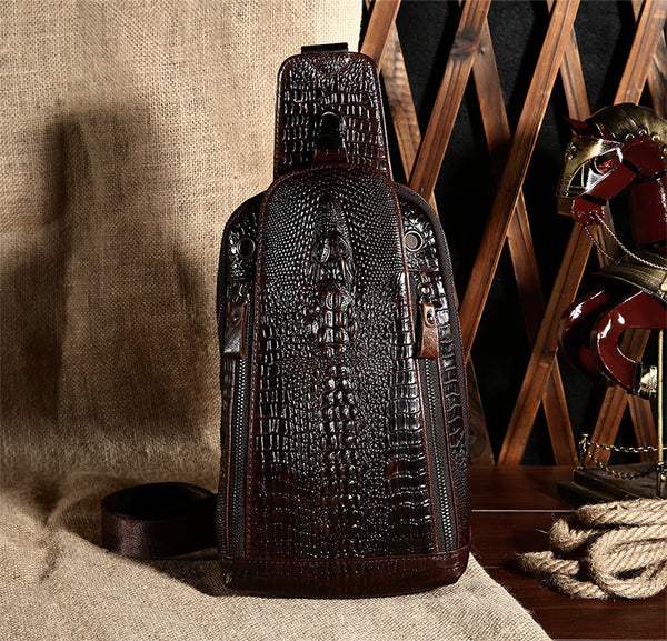 DEEPKEE original nubuck handmade full-grain genuine leather cowhide bag Deepkee Leather Crocodile Texture Cowhide Sling Bag #1313