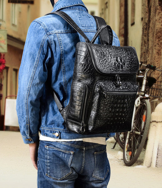 DEEPKEE original nubuck handmade full-grain genuine leather cowhide bag Black Crocodile Pattern Leather Men's 14 inches Travel College Backpack For Men #6070