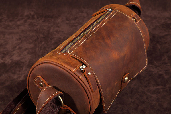 DEEPKEE original nubuck handmade full-grain genuine leather cowhide bag Vintage Leather Cylindricity Crossbody Bags No.SF061