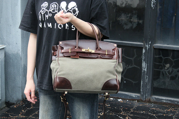 DEEPKEE original nubuck handmade full-grain genuine leather cowhide bag Vegetable Tanned Cowhide Faux Birkin 30 Bag #KM-76819