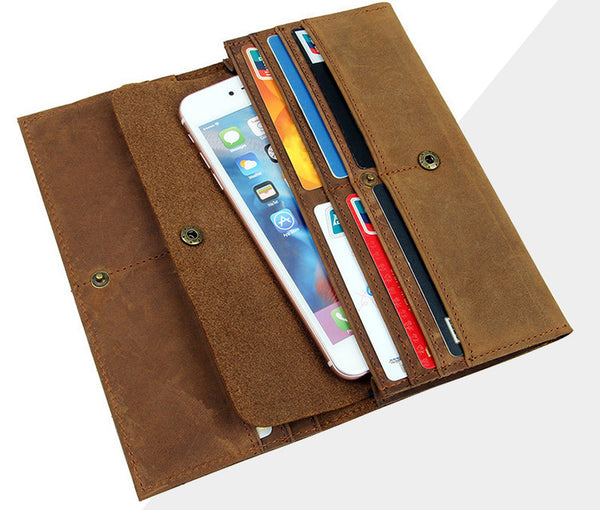 DEEPKEE original nubuck handmade full-grain genuine leather cowhide bag Deepkee Handmade Leather Bifold Long Wallet Checkbook Wallet #W8110