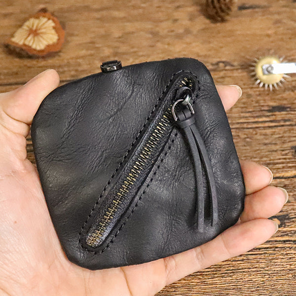 DEEPKEE original nubuck handmade full-grain genuine leather cowhide bag Cowhide vegetable tanned leather simple compact zipper coin purse organizer #SG123