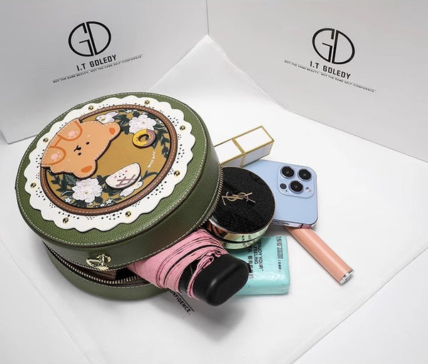 DEEPKEE original nubuck handmade full-grain genuine leather cowhide bag DEEPKEE HANDMADE LEATHER Miss Gail Luxury OOTD Round Crossbody Bag #G1144