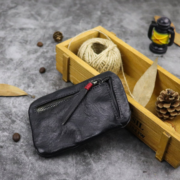 DEEPKEE original nubuck handmade full-grain genuine leather cowhide bag Vintage Slim Tan Leather Coin Wallet Zipper Coin Holder #SG121