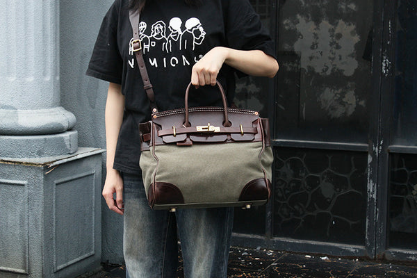 DEEPKEE original nubuck handmade full-grain genuine leather cowhide bag Vegetable Tanned Cowhide Faux Birkin 30 Bag #KM-76819