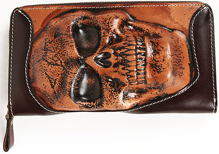 DEEPKEE original nubuck handmade full-grain genuine leather cowhide bag Handmade Leather Skull Death Tooled Long Wallet #5248