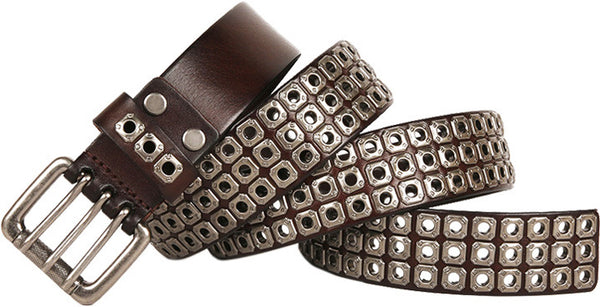 DEEPKEE original nubuck handmade full-grain genuine leather cowhide bag Punk Vapor Eye Hollowed Out Studded Cowhide Belt #210705
