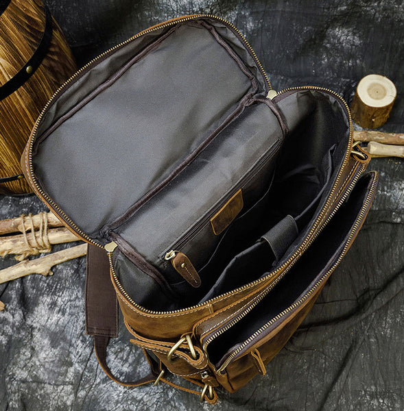 DEEPKEE original nubuck handmade full-grain genuine leather cowhide bag Jacob Offset Cylinder Travel Backpack No8027