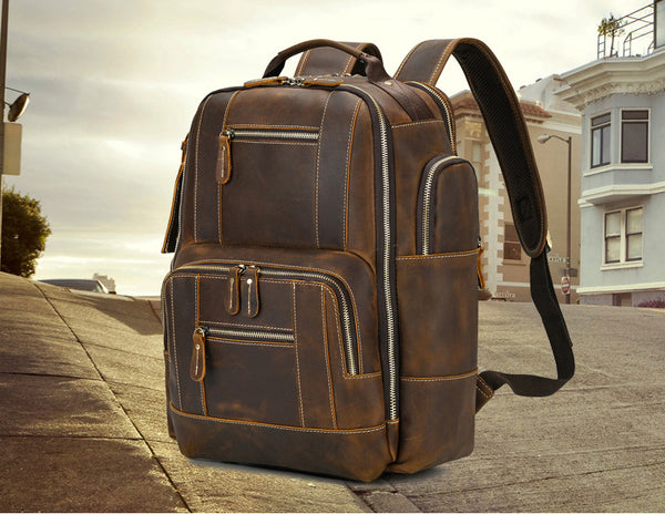 DEEPKEE original nubuck handmade full-grain genuine leather cowhide bag Dwight 18'' Cowhide Laptop Rucksack Backpack No9517