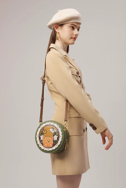 DEEPKEE original nubuck handmade full-grain genuine leather cowhide bag DEEPKEE HANDMADE LEATHER Miss Gail Luxury OOTD Round Crossbody Bag #G1144