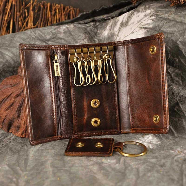 DEEPKEE original nubuck handmade full-grain genuine leather cowhide bag DEEPKEE Handmade Leather Trifold Key Wallet #KZ230