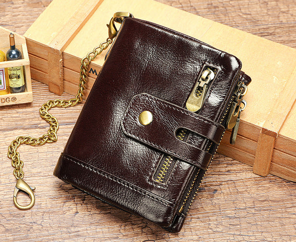 DEEPKEE original nubuck handmade full-grain genuine leather cowhide bag DEEPKEE Leather Bifold Chain Wallet 7515