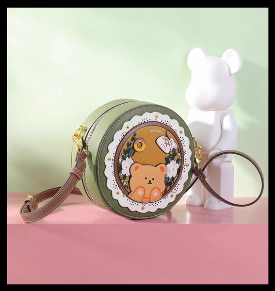 DEEPKEE original nubuck handmade full-grain genuine leather cowhide bag DEEPKEE HANDMADE LEATHER Miss Gail Luxury OOTD Round Crossbody Bag #G1144